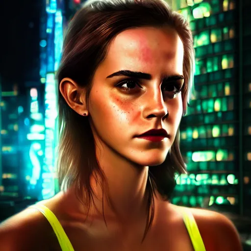 Prompt: emma watson portrait, cyberpunk 2 0 7 7, cyberpunk judy alvarez, photorealistic, ultra detailed, neon, octane, bokeh, cinematic lighting, cyber, cyberpunk city, studio quality, feature, scars, cyberface, 8 k