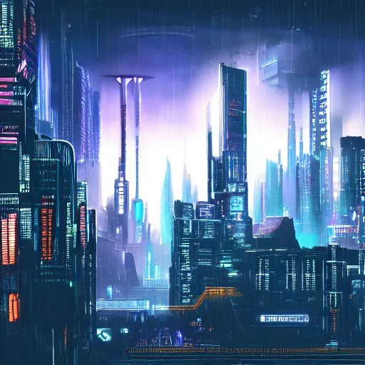 Prompt: a highly detailed cyberpunk Bladerunner cityscape. Industrial towers stand together with tall skyscrapers and Space elevators reaching up to the stars on a dark clear night.