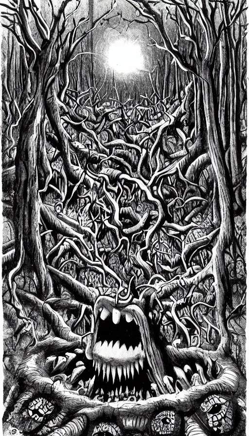 Prompt: a storm vortex made of many demonic eyes and teeth over a forest, by raymond briggs