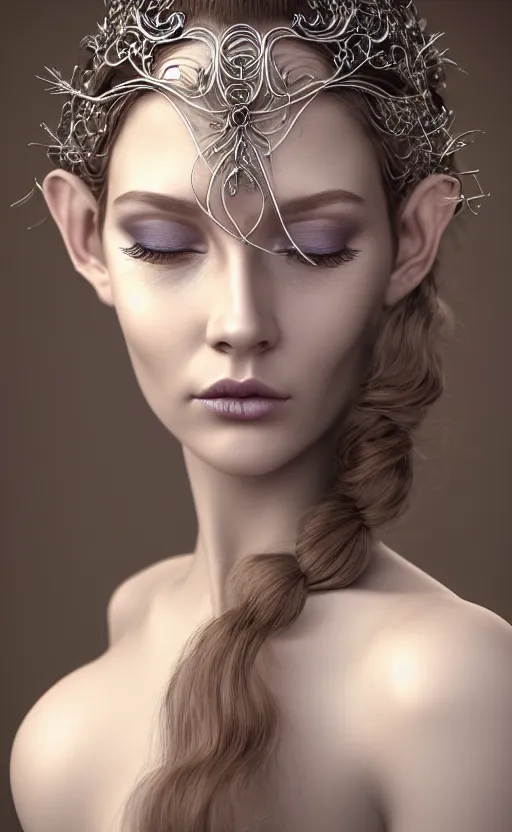 Prompt: complex 3 d render, ultra detailed, realistic portrait of a beautiful porcelain skin woman, face, wispy, wavy hair worn tied back in a messy bun, wearing filigree silver elven circlet, hazel open eyes, looking straight ahead, brown eyeshadow, mauve lips, natural makeup, 8 5 mm lens, beautiful, studio portrait, spaghetti strap dress,