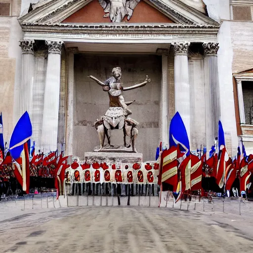 Image similar to Modern Roman Empire, 2022 photograph, Roman parade, Imperial Roman flags, CNN news report, live from Rome, alternate history