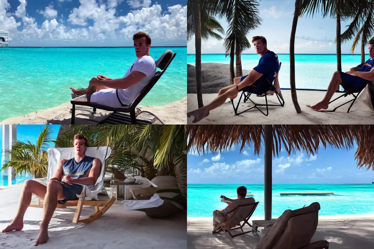Prompt: Hockeyplayer Connor McDavid sitting in a sunchair in bahamas, cinematic lighting, cinematic composition