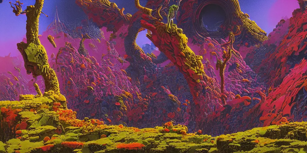 Prompt: striking colours vivid, gaps holes, neonothopanus, creatures, metropolis in distance, moons, realistic landscape art by roger dean, reflections, art by michael whelan, organic textures, seedpods, art by kilian eng, moebius artwork, ultrawide angle, hires 8 k detailed natural textures