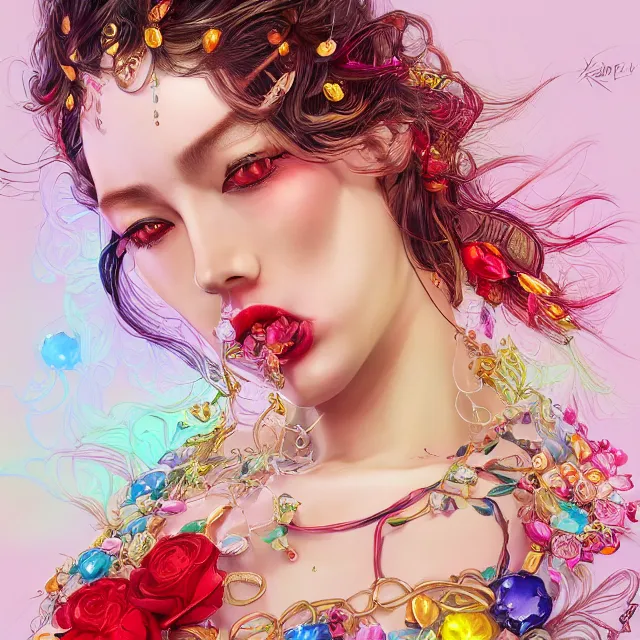 Image similar to studio portrait absurdly beautiful, elegant, graceful, young hypercolorful rainbow sensual gravure idol rubies red petals gems, ultrafine hyperrealistic detailed face illustration by kim jung gi, irakli nadar, intricate linework, sharp focus, bright colors, matte, octopath traveler, final fantasy, unreal engine highly rendered, global illumination, radiant light, intricate environment