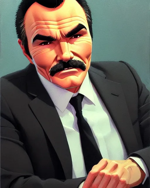 Image similar to portrait burt Reynolds. fine-face, pretty face, realistic shaded Perfect face, fine details. Anime. realistic shaded lighting by Ilya Kuvshinov katsuhiro otomo ghost-in-the-shell, magali villeneuve, artgerm, rutkowski, WLOP Jeremy Lipkin and Giuseppe Dangelico Pino and Michael Garmash and Rob Rey in official suit