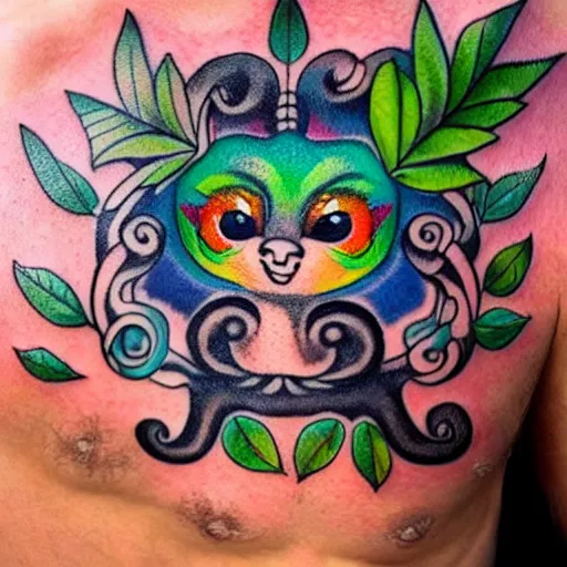 Image similar to shoulder tattoo of a multicolored hallucinating cute bush baby, eyes are rainbow spirals, happy mood, surrounded with colorful magic mushrooms and rainbowcolored marihuana leaves, insanely integrate