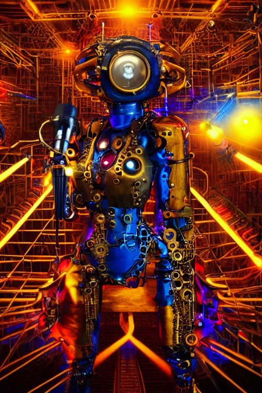 Image similar to portrait photo of a giant huge golden and blue metal humanoid steampunk cyborg female singer with gears and tubes, in the foreground is a big red glowing microphone, eyes are glowing red lightbulbs, shiny crisp finish, 3 d render, 8 k, insaneley detailed, fluorescent colors, background is multicolored lasershow