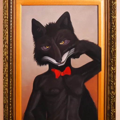 Image similar to portrait of a male anthro black fox furry fursona wearing a salsa dance suit, 1 9 7 0 s oil on canvas painting, by famous artist jylon denja