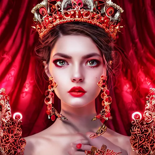 Image similar to wonderful princess with smooth fair skin, alluring eyes, red eyeshadow, red jewelry, breathtaking, elegant, intricate, ornate backdrop, hyper detailed, accent lighting, 4 k photography, octane render