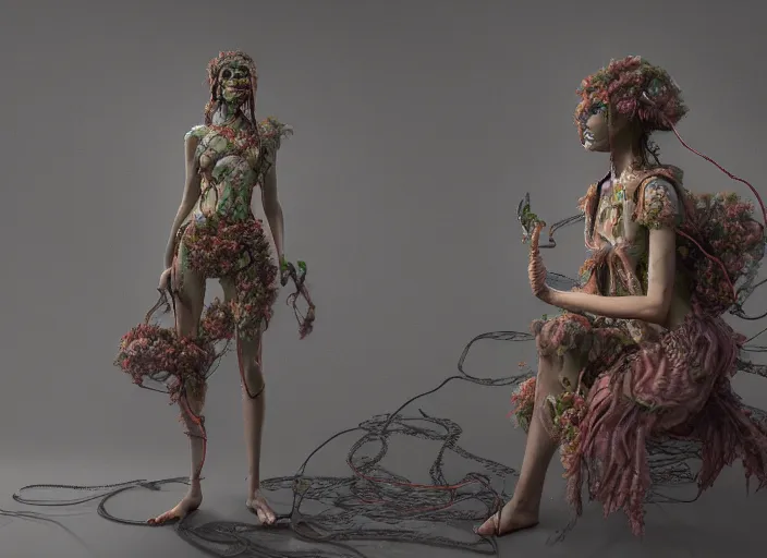 Image similar to cthulhy woman, clothes made out of flower, cables everywhere, bedroom, ultra realistic, concept art, intricate details, highly detailed, photorealistic, octane render, 8 k