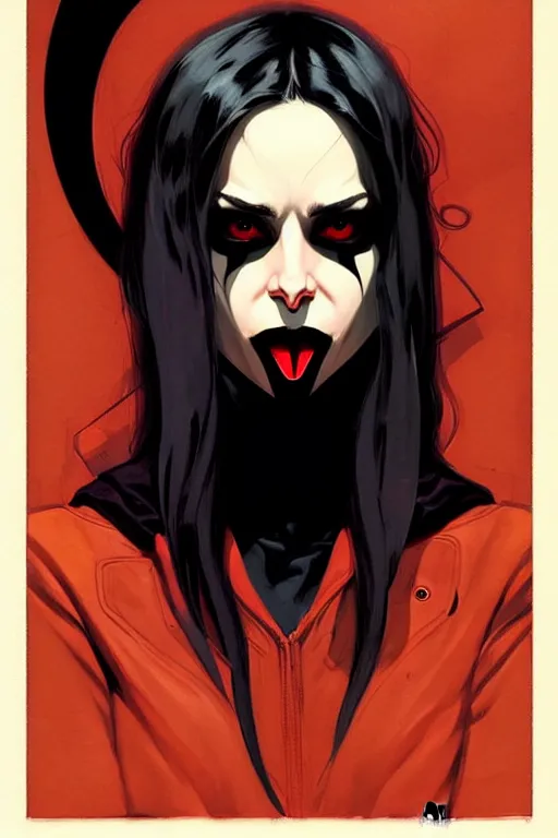 Image similar to rafael albuquerque comic art, peter mohrbacher, phil noto, steve niles, artgerm, pretty willa holland vampire sharp vampire teeth open mouth, symmetrical eyes, black leather jacket, jeans, long black hair