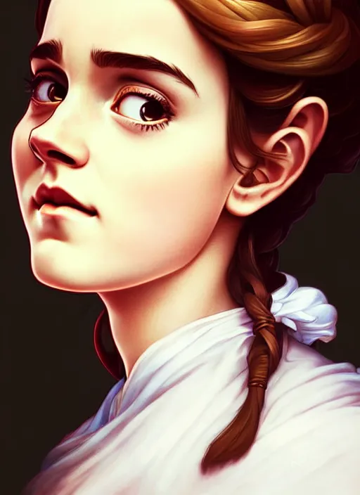 Image similar to cute milkmaid emma watson, natural lighting, path traced, highly detailed, high quality, digital painting, by don bluth and ross tran and studio ghibli and alphonse mucha, artgerm