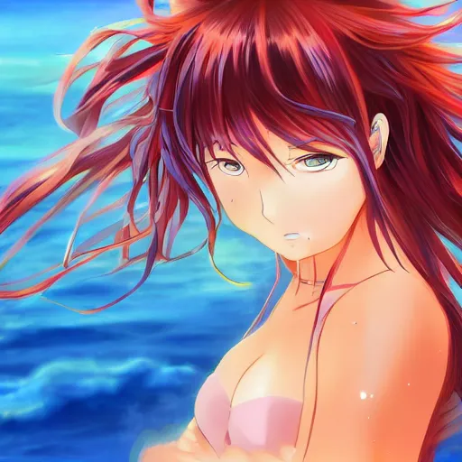 Image similar to anime style, vivid, expressive, full body, 4 k, painting, a cute magical woman with a long wavy black hair at beach, stunning, realistic light and shadow effects, centered, simple background, ikki tousen