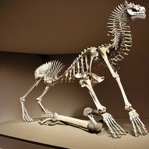 Image similar to a fossilized griffin skeleton, museum photo