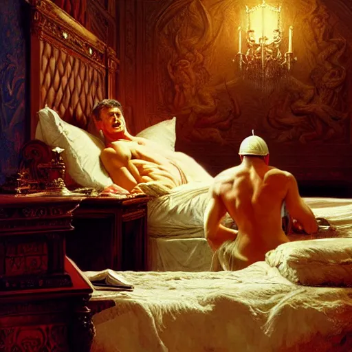 Prompt: the pope is in his bed, terrified, because a double horned shadow demon is in the wallpaper of the bedroom. highly detailed painting by gaston bussiere, j. c. leyendecker, greg rutkowski, craig mullins 8 k