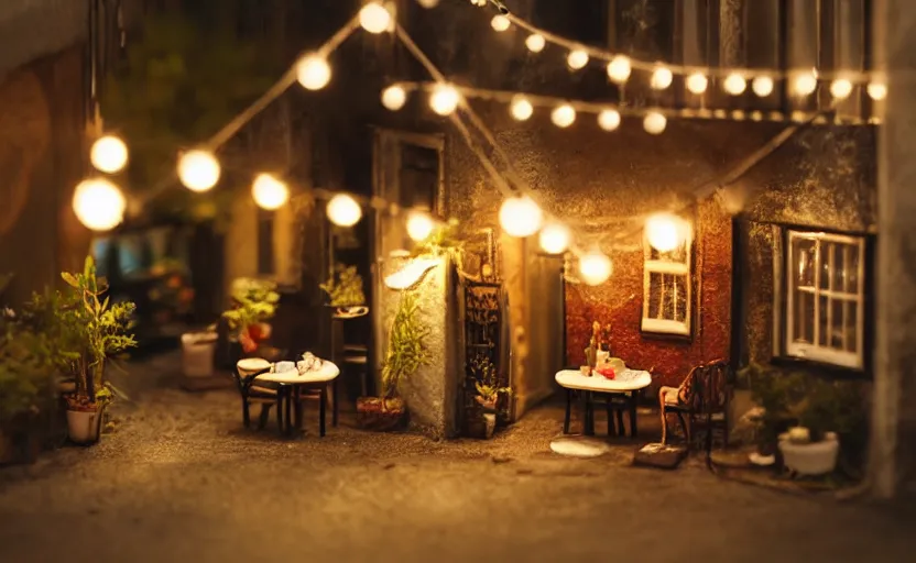 Prompt: mini cafe diorama macro photography, cafe for felted animals, alleyway, ambient, atmospheric photograph, string lights, romantic