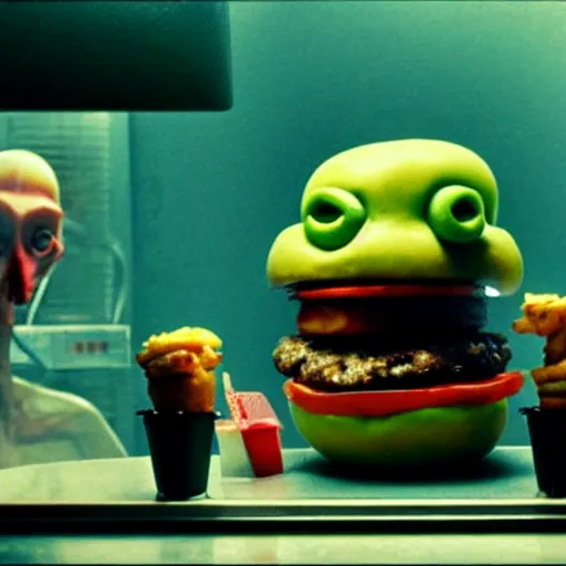 Image similar to the strange cheeseburger creature at the fast food place, film still from the movie directed by denis villeneuve and david cronenberg with art direction by salvador dali and zdzisław beksinski, wide lens