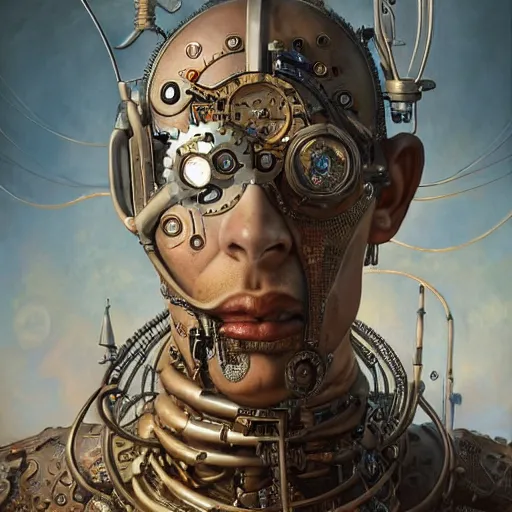 Prompt: low angle shot of a steampunk cyborg with a human face by clive barker, intricate, elegant, highly detailed, centered, digital painting, artstation, concept art, smooth, sharp focus, illustration, artgerm, Tomasz Alen Kopera, Peter Mohrbacher donato giancola, Joseph Christian Leyendecker, WLOP, Boris Vallejo.