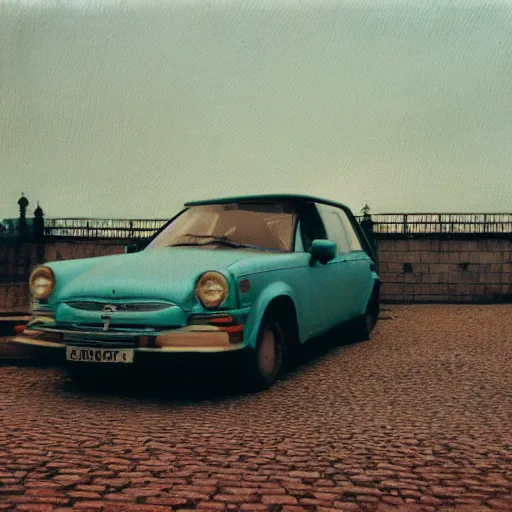 Image similar to low angle shot of russian car in soviet yard with block of flats, low grain film,polaroid, masterpiece, f 1.6, bokeh, mid day in style of william egglestone