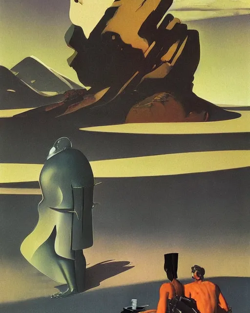 Image similar to two dark figures conversing in an artdeco landscape on an alien planet, painting by Francis Bacon and Norman Rockwell. Art by Syd Mead and Frank Lloyd Wright, surrealism