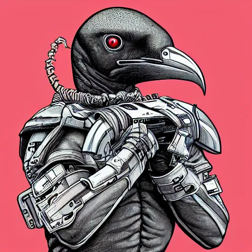 Image similar to “a Humanoid raven bounty hunter. Hyper detailed. Hyperrealism digital art in the style of Hard Boiled. Art by Geoff Darrow”