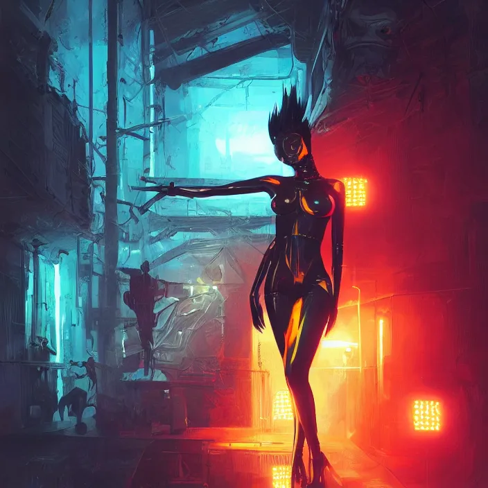 Prompt: african domme mistress, futuristic, ebony, rubber suit, spikes, bright surrounding, neon lights, smooth, concept art, realistic painting, digital art by greg rutkowski, by junji ito