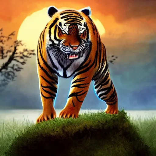 Prompt: bipedal tiger in a bandit costume standing in swamp water gazing at the sunset, fantasy, cinematic, studio ghibli, wide shot, dramatic lighting, dynamic, ultra realistic, ultra detailed, 8 k, thin line work, trending on artstation