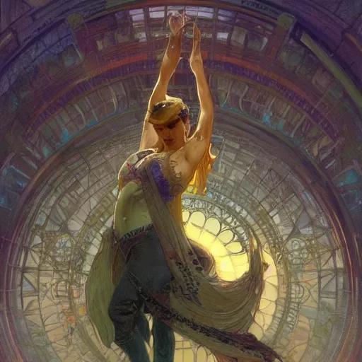 Image similar to concept art, air dancers by farmer's market, 8 k, by james gurney, greg rutkowski, and john howe, background of the sky at dusk by alphonse mucha, artstation