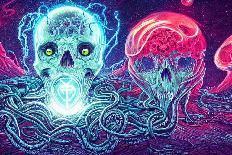 Prompt: a giant skull with intricate rune carvings and glowing eyes with lovecraftian tentacles emerging from a space nebula by dan mumford, twirling smoke trail vortex, twisting galaxies, digital art, photorealistic, vivid colors, highly detailed, intricate