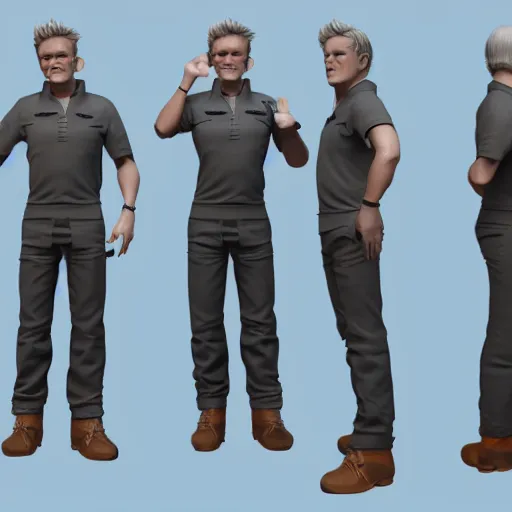 Image similar to 3 d model character sheet, multiple angles, gordon ramsay character design, fighting game, stylized 3 d graphics, ray tracing, ultra, 4 k image h - 7 4 0