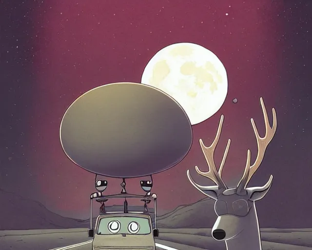 Image similar to a cell shaded cartoon grey santa + deer robot, with a big head, on a desert road, wide shot, in front of a big moon, muted colors, post grunge, josan gonzales, wlop, by james jean, victor ngai, hq, deviantart, art by artgem