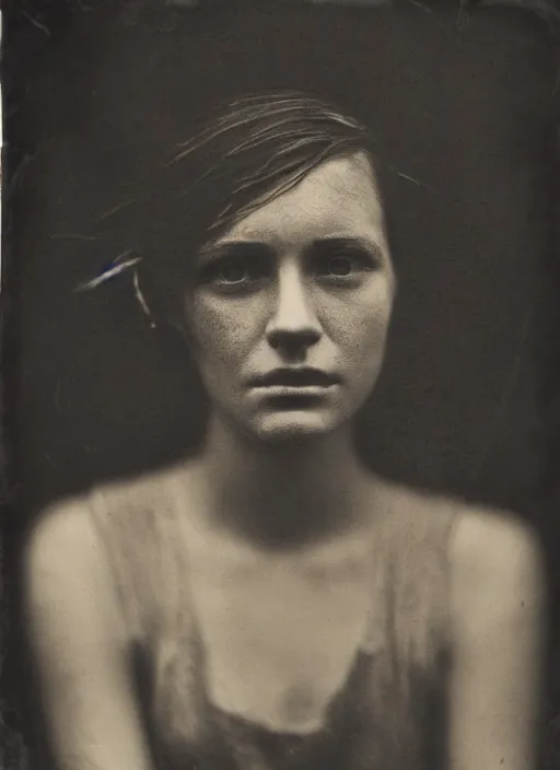 Prompt: high resolution close up portrait of a young women, photo realistic, elegant, award winning photograph, parallax, cinematic lighting, ambrotype wet plate collodion by martin shuller, richard avedon dorothe lange and and shane balkowitsch