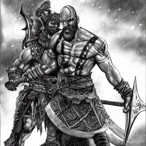 Image similar to god of war, kratos, fight scene still, manga, detailed drawing, featured on pixiv, gothic art, official art, by kentaro miura