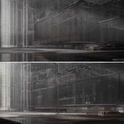 Prompt: digital sci-fi oily gloss reflection warehouses with organic brutalism forms in liquid and oil on the coronation of napoleon painting, on moon with medium size man walking with black background. unreal engine 5, keyshot, octane, artstation trending, by Zaha Hadid architects, by Matrix film color, high contrast pinterest black plastic, dark atmosphere pinterest tilt shift, 4k, 8k, 16k.