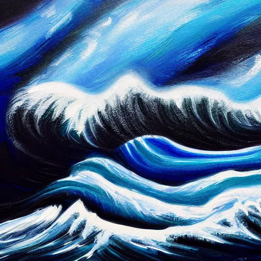 Prompt: painting wave tsunami small boat background cosmic night sky in the style of Ansel Adams