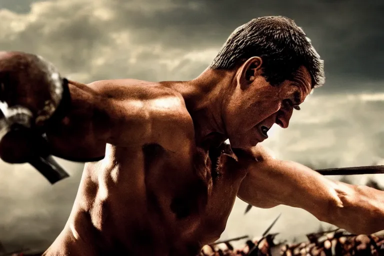 Prompt: cinematic action shot of joe biden as leonidas fighting in 3 0 0 movie, 8 k, epic moody sky, dramatic lighting