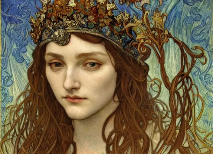 Image similar to detailed realistic beautiful young medieval queen face portrait by jean delville, alphonse mucha, vincent van gogh, and marco mazzoni, art nouveau, symbolist, visionary, gothic, pre - raphaelite
