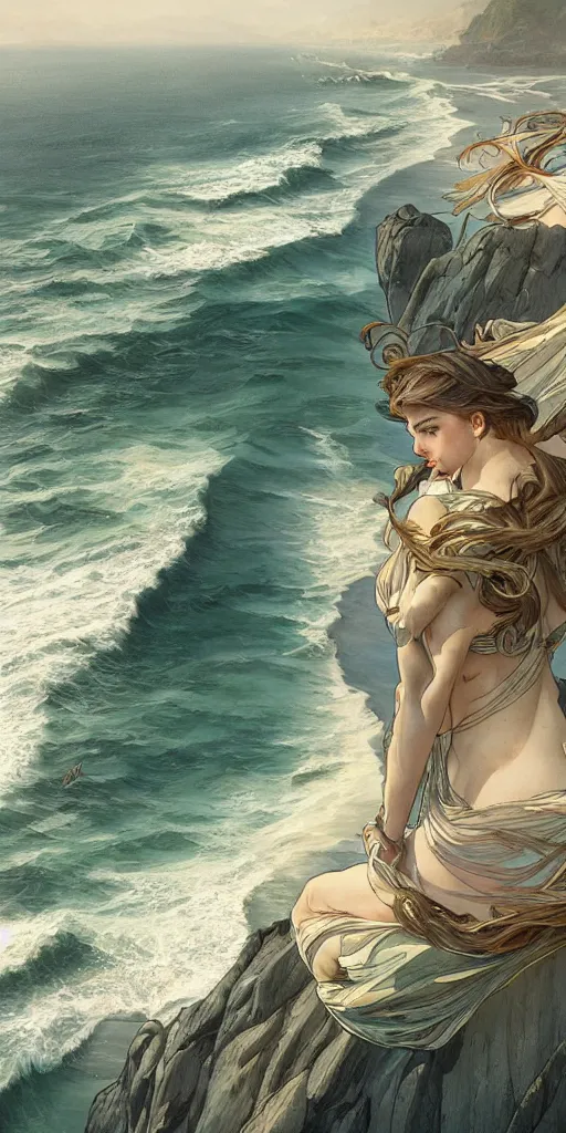 Prompt: bird view seashore and bay, epic lighting, sketch illustration, ultra detailed, art by artgerm and greg rutkowski and alphonse mucha