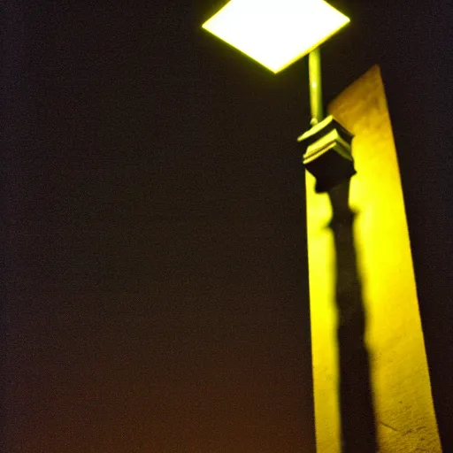 Image similar to tall man shadow on street lamp at night, 8 mm, found footage