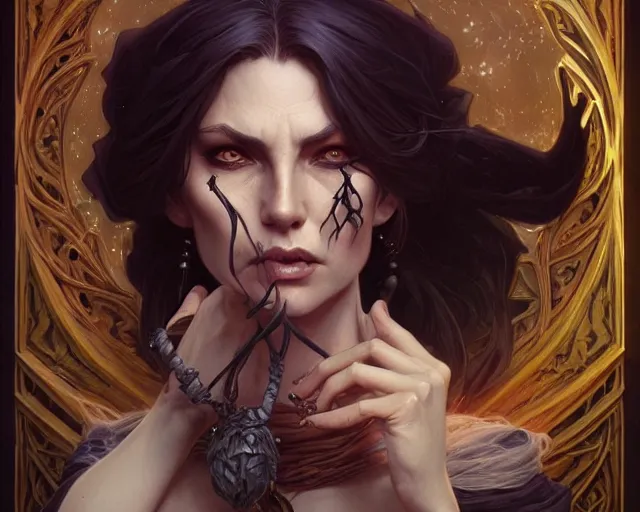 Image similar to old witch, deep focus, d & d, fantasy, intricate, elegant, highly detailed, digital painting, artstation, concept art, matte, sharp focus, illustration, hearthstone, art by artgerm and greg rutkowski and alphonse mucha