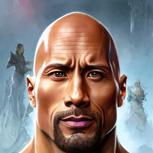 Image similar to Dwayne Johnson, D&D, fantasy, intricate, elegant, highly detailed, digital painting, artstation, concept art, smooth, sharp focus, illustration, art by artgerm and greg rutkowski and alphonse mucha