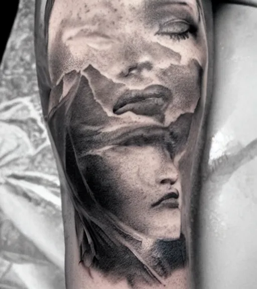 Image similar to double exposure of a hyper realistic mountain scenery with a beautiful woman face, tattoo design sketch, in the style of matteo pasqualin, hyper - realistic, amazing detail, black and white