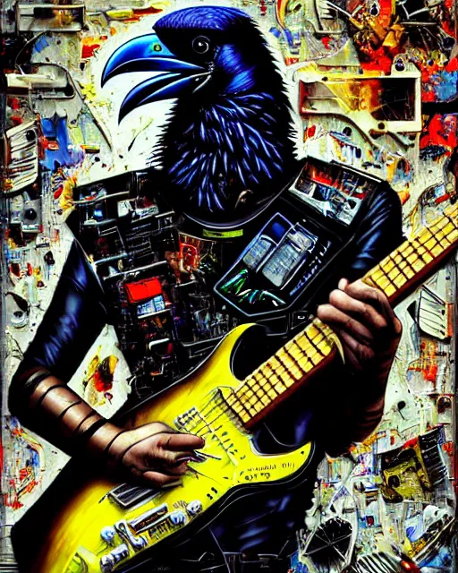 Image similar to a portrait of an anthropomorphic cyberpunk raven shredding an electric guitar as the guitar melts by sandra chevrier, by jon foster, detailed render, tape deck, epic composition, cybernetics, 4 k realistic, cryengine, realistic shaded lighting, sharp focus, masterpiece, by enki bilal