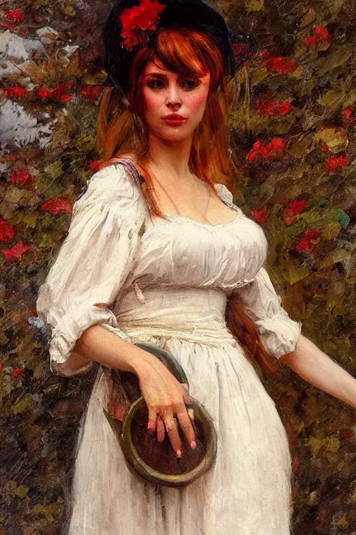 Image similar to Solomon Joseph Solomon and Richard Schmid and Jeremy Lipking victorian genre painting full length portrait painting of a young beautiful woman traditional german french Brigitte Bardot barmaid in fantasy costume, red background