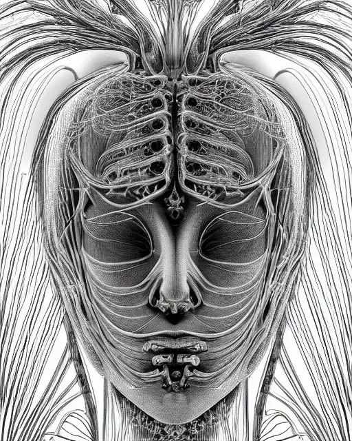 Prompt: mythical dreamy black and white organic bio - mechanical spinal ribbed profile face portrait detail of beautiful intricate monochrome angelic - human - queen - vegetal - cyborg with a visible detailed brain, grey matter and neurons, highly detailed, intricate translucent jellyfish ornate, poetic, translucent microchip ornate, photo - realistic artistic lithography in the style of william black, hg giger, man ray