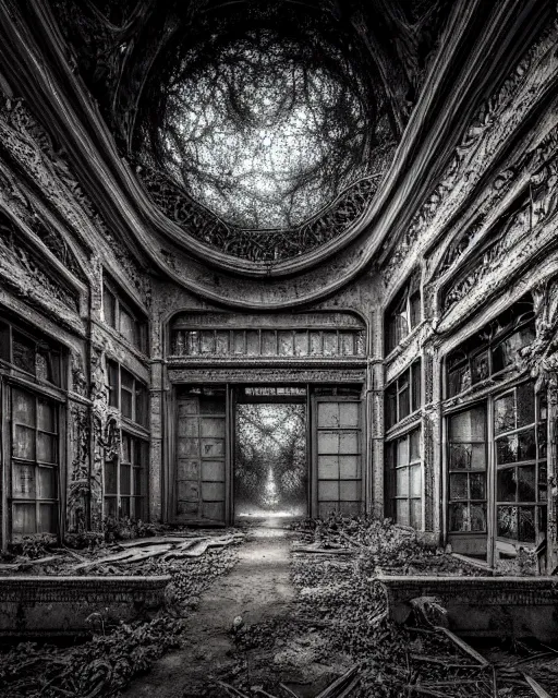 Prompt: a beautiful hyperdetailed rendering of pathway urbex city unfinished building building abandoned nature by louis sullivan, galactic hyperrealism myst at night reclaimed by nature magic realism darkacademia tokyo thermal imaging infrared sea, archdaily, wallpaper, highly detailed, trending on artstation.