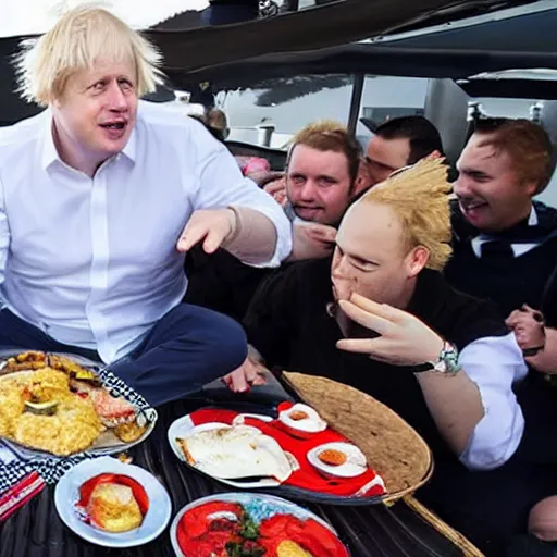 Prompt: boris johnson having a cookout with his personal anime catgirls on a boat