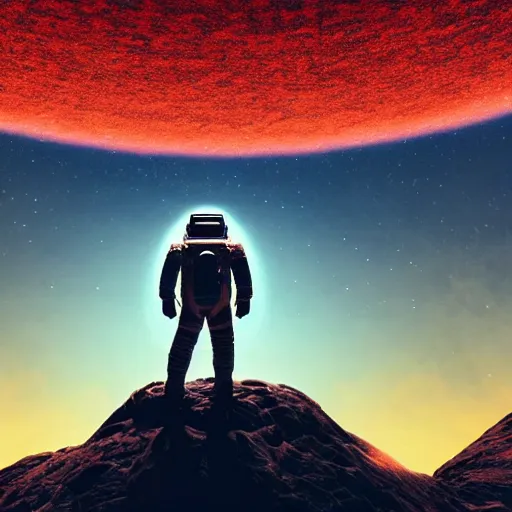 Image similar to astronaut standing in front of an eerie alien cathedral on a dystopian planet with a vortex made of obsidian floating in the red sky above, realistic