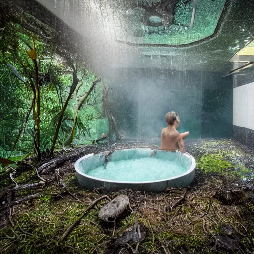 Image similar to pristine bath filled with bubbles in a clearfelled jungle, slash and burn