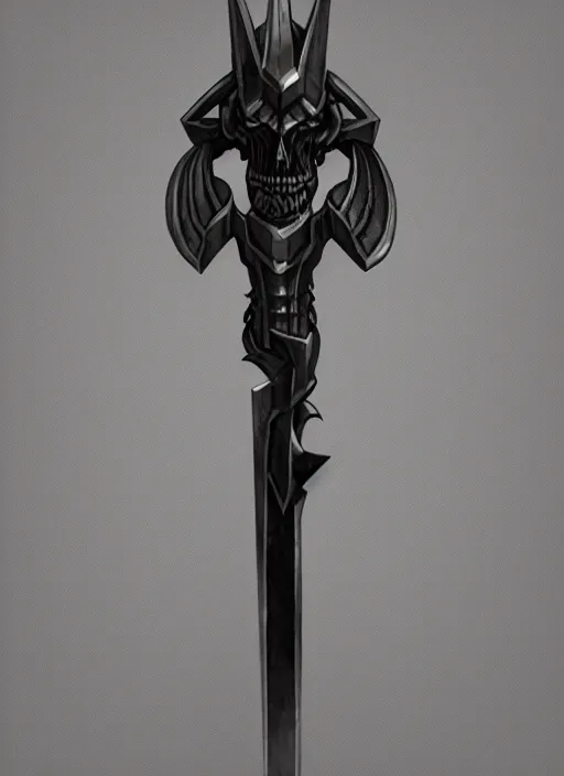 Image similar to a black and silver sword skull crest, orthographic, ornament, weapon, a 2 d render by dom qwek, front side, concept art, trending on polycount, artstation, hard surface modeling, rendered in maya, zbrush, hd, vray, blizzard, symmetry